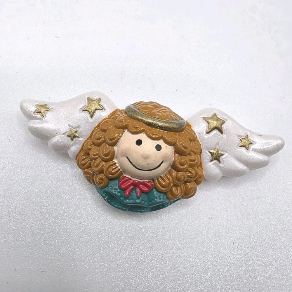 Russ PIN Christmas ANGEL Redhead with Stars 1980s Holiday Brooch Vintage